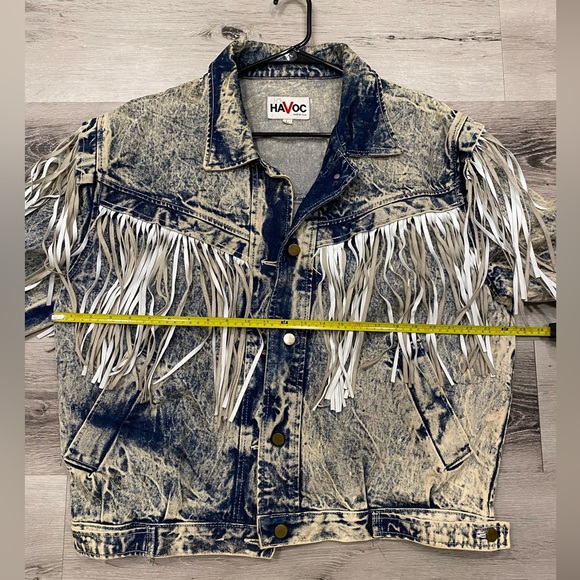 HAVOC Vintage 80s Acid Wash Fringe Womens Sz Large Blue Denim Jacket made in USA - Picture 3 of 9